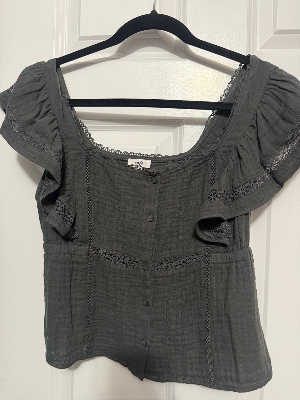 aerie Charcoal Gray Ruffle Sleeve Button-Front Top